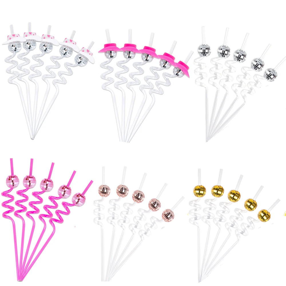 

5pcs Cowgirl Bachelorette Party Decorations Glitter mini Disco Ball Cowgirl hat plastic drinking straw Western Cowgirl birthday