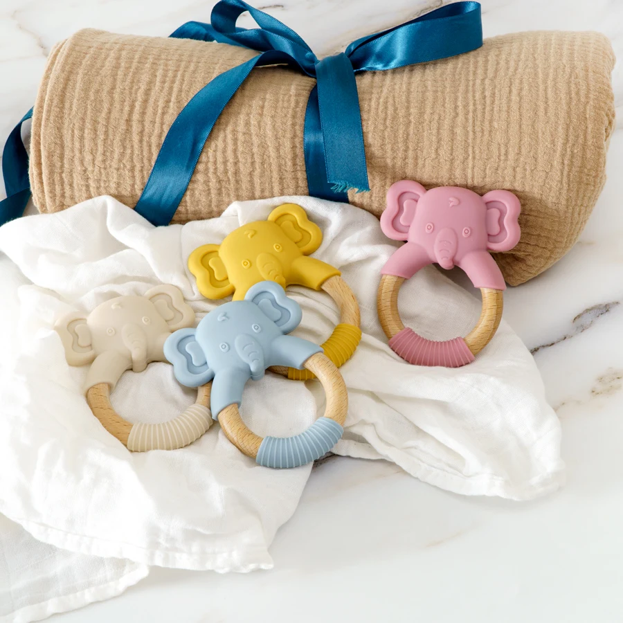 1Pc Baby Health Teether Toy Bracelet Food Grade Kawaii Animal Silicone Pendant Wood Ring Teething Rattle Baby Accessories Toys 3
