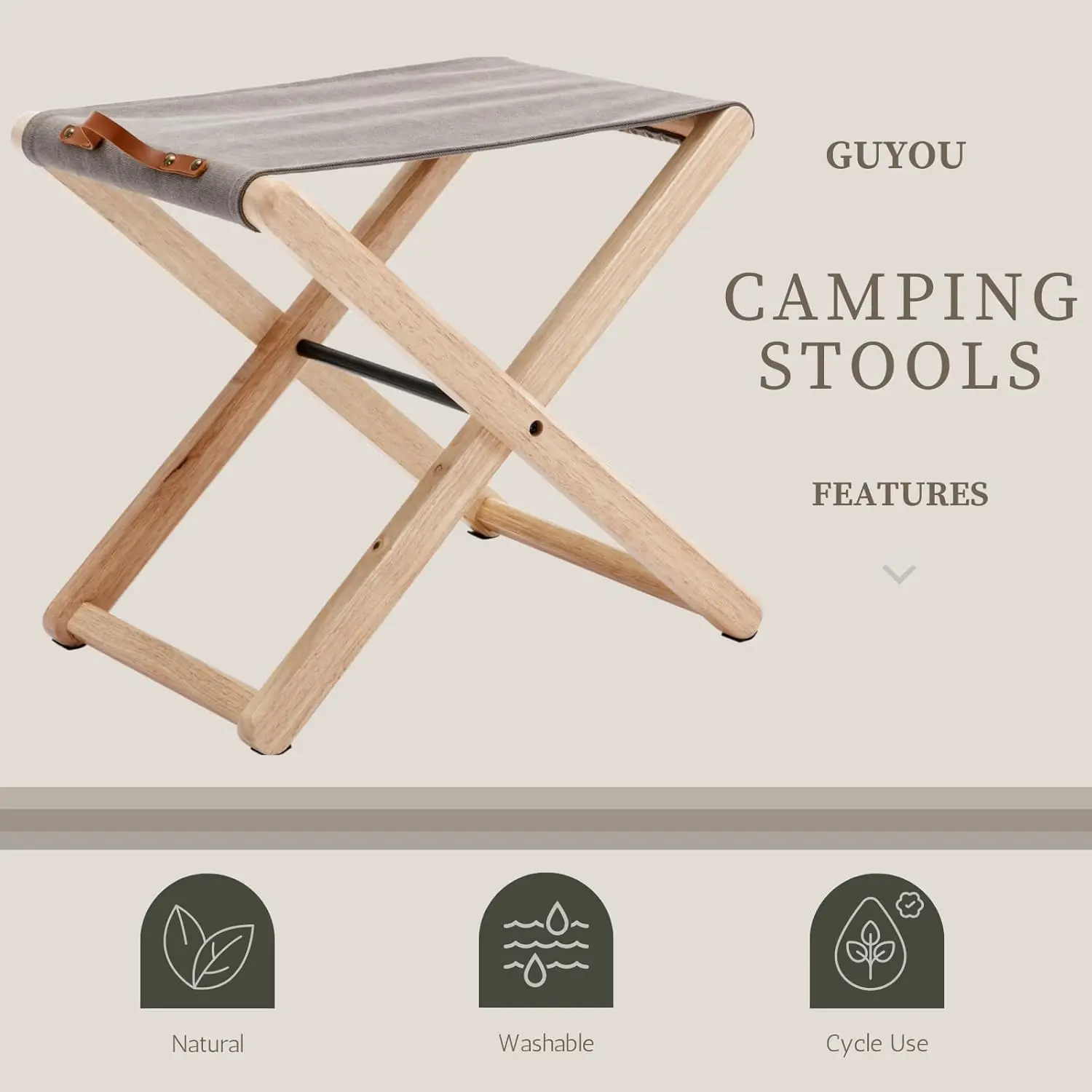 Folding Canvas Camp Stools Set of 2, Wood Folding Camping Stool Patio Portable Foot Stool Slacker Chair for Garden Outdo