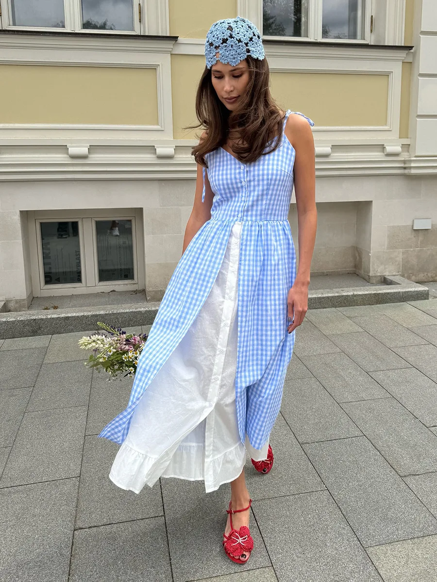 Bornladies Women's 2026 Summer New Blue Plaid Dress Fresh Vacation Style Spliced Sleeveless Dress