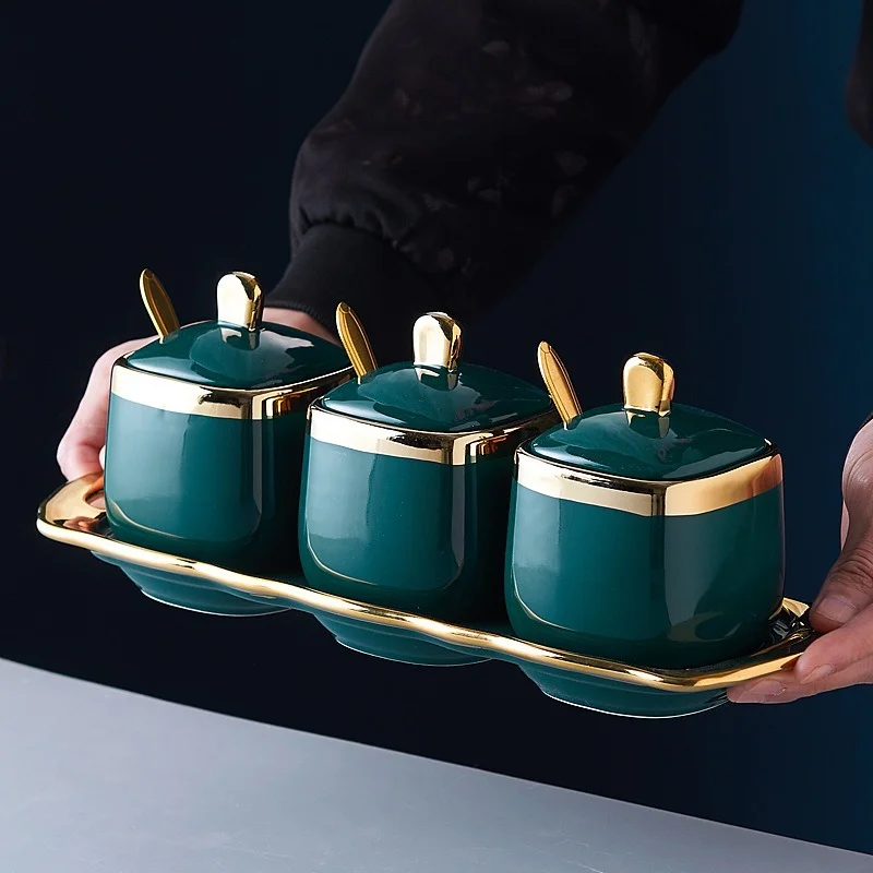 Creative Gilded Dark Green Ceramic Seasoning Jar Three-piece Set Porcelain Pepper Chili Garlic Box Jam Kitchen Utensils |