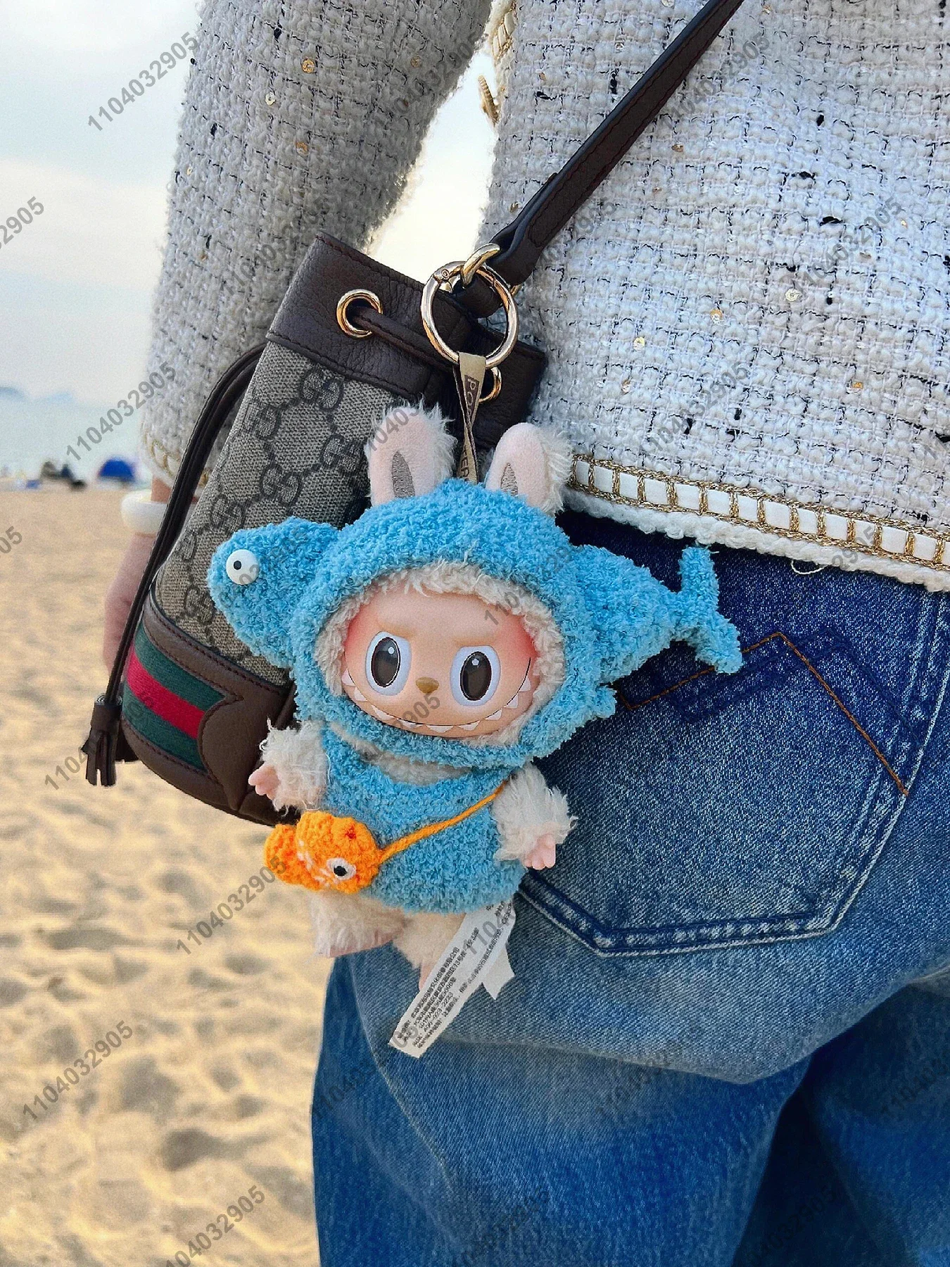 Labubu The Monster Cute Blue Fish Costume Cartoon Clothes 1:1 Original Replica Vinyl Doll Action Figure Bag Charm Pendant Gift