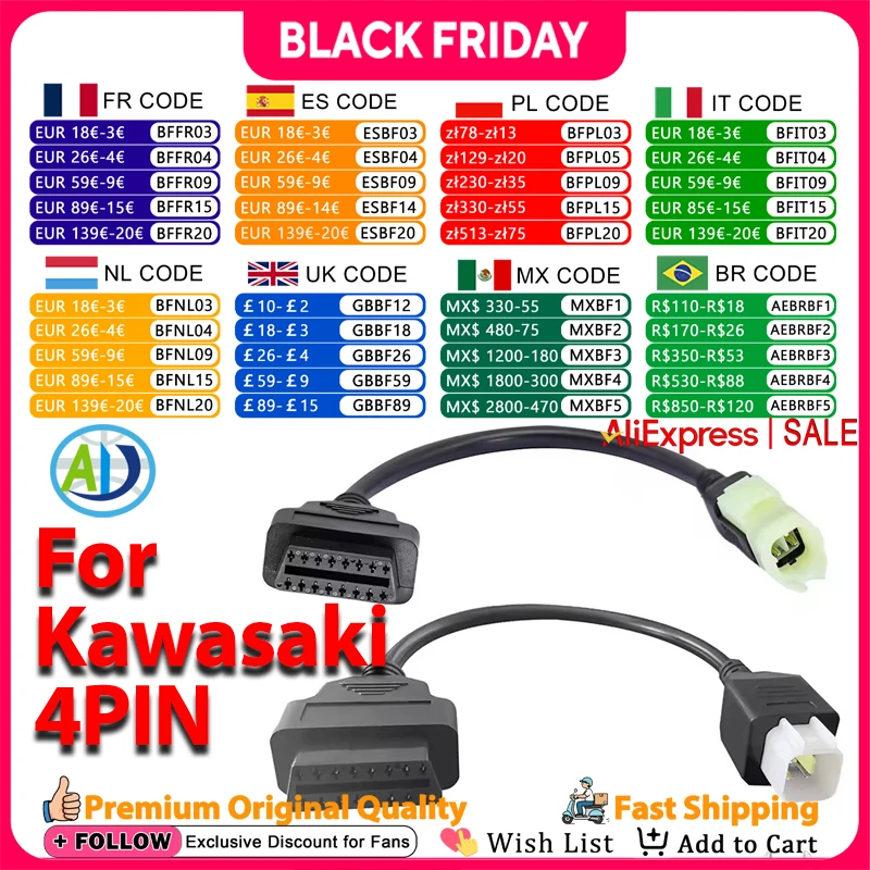 カワサキ 4Pin OBD2 診断ケーブル Z250、Z650、Z1000、ER6N、EX650F