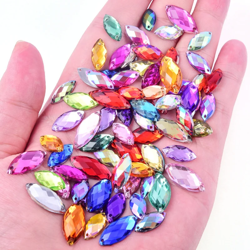 Sew On Rhinestones Horse Eye Acrylic Glitter Flatback Leaf For Garment B3072