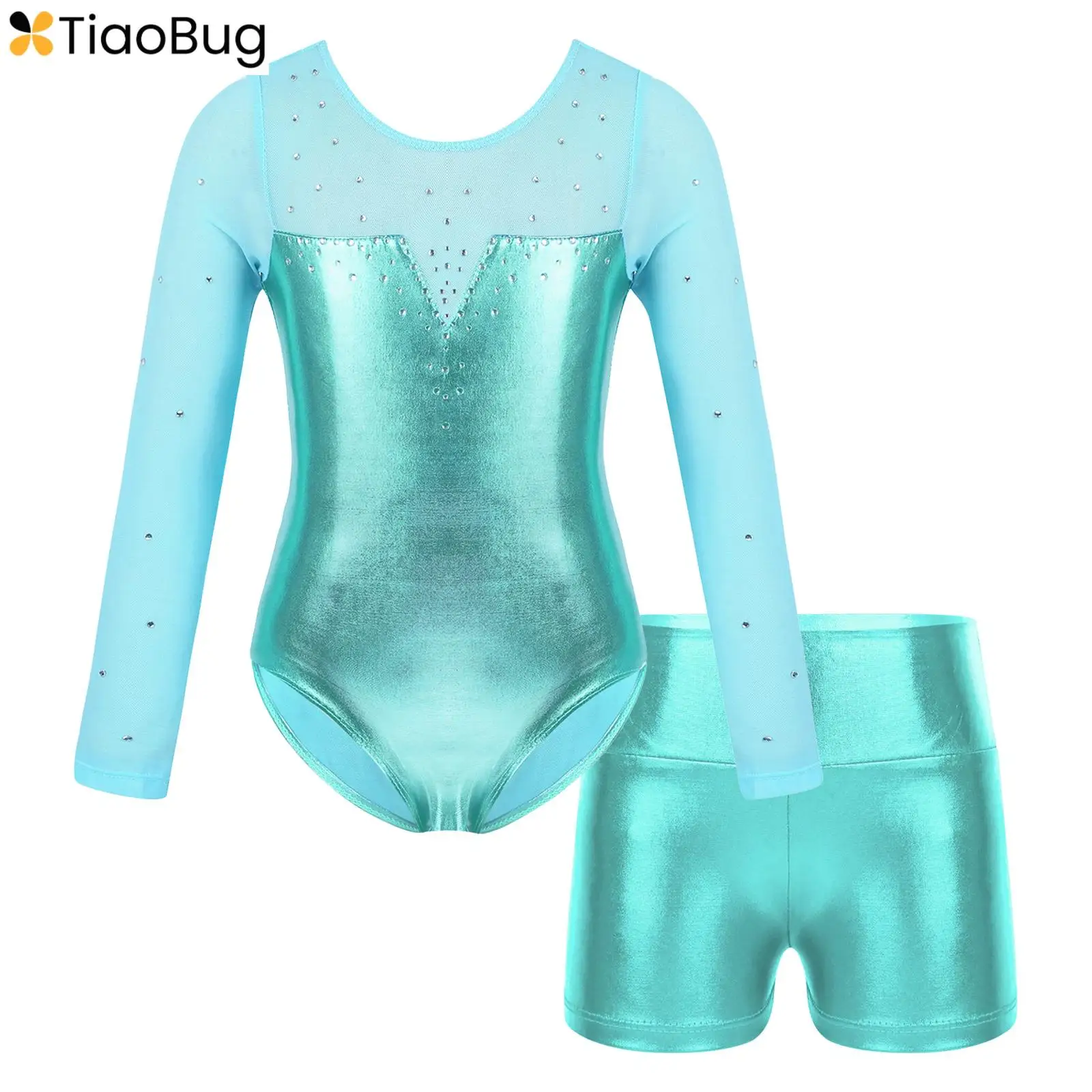 

Kids Girls Ballet Dance Gymnastic Outfits Sets Rhinestone Long Sleeve Metallic Leotard with Athletic Short Dancing Costume