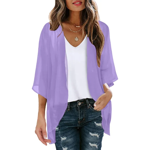 Fashion Solid Cardigans Women's Summer Blouse 2024 Casual Long Sleeve Blusas Female Thin Tunic Tops Kimono Cape 5