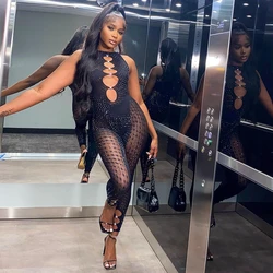 Mesh Rhinestones Patchwork Jumpsuit Women Sleeveless Suede Rompers Sexy One Piece Overalls Baddie Outfit 2023 Halloween Costume