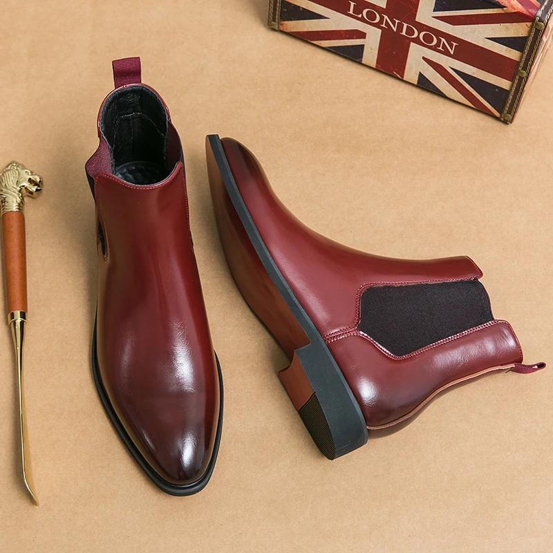 Men New Chelsea Boots Pointed Red Leather Shoes Anti slip and Wear resistant High Quality Ankle Boots Size 38-46 Men boots