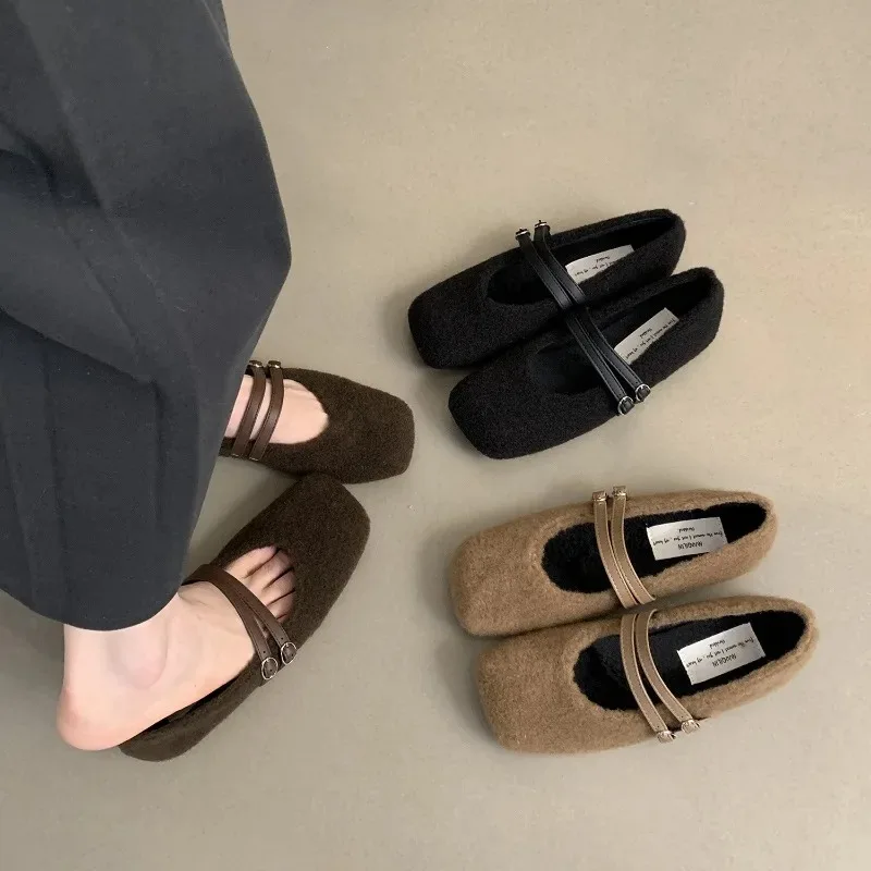 

Туфли женские с зарубежными волосами, зимняя одежда, новинка 2023, флисовые Туфли Мэри Джейн на плоской подошве в французском ретро стиле