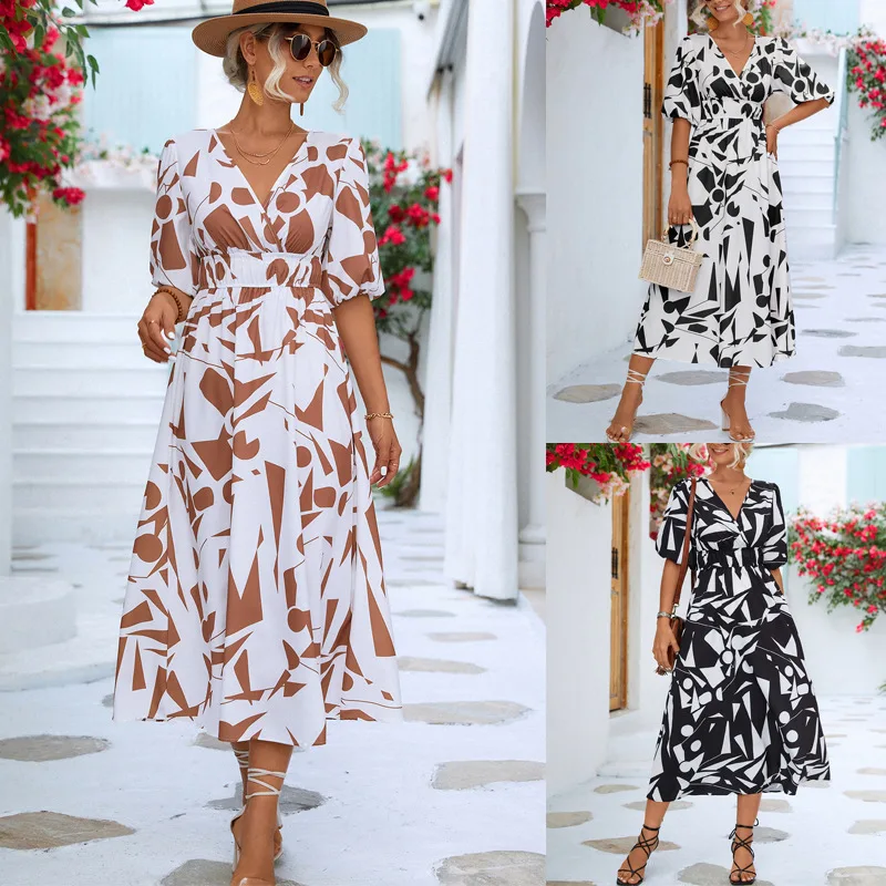 

V-neck puff sleeve dress Summer Printing Women Boho Beach Maxi Dress Bell Sleeve Flowy Swing Shift Dress Sexy Loose Long Dress