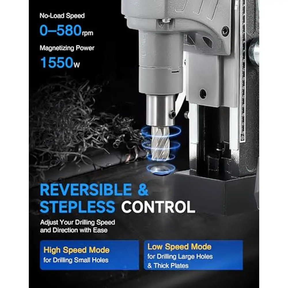 1550W Portable Magnetic Drill Press 11 Drill Bits 2" Boring Diameter 0-580 RPM Stepless Speed Magnetic Force Precision Safety 3