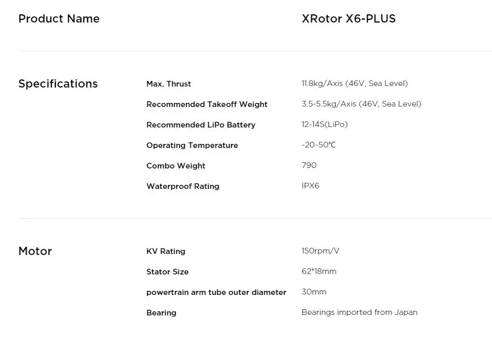 Hobbywing X6 Power System, XRotor X6-PLUS Specifications Max: Thrust 