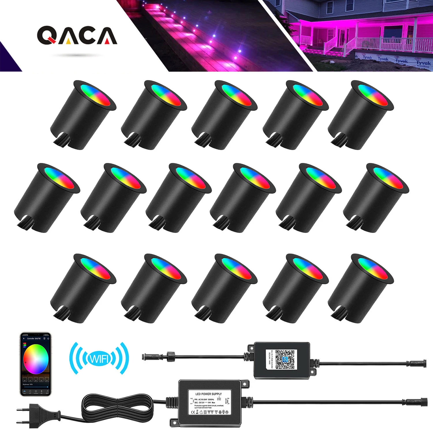 WIFI LED RGB Deck Lights 10/16-Pack Mini 30mm stairs lighting Low Voltage DC12V 0.6W Garden Patio Lighting Fixtures with Shells