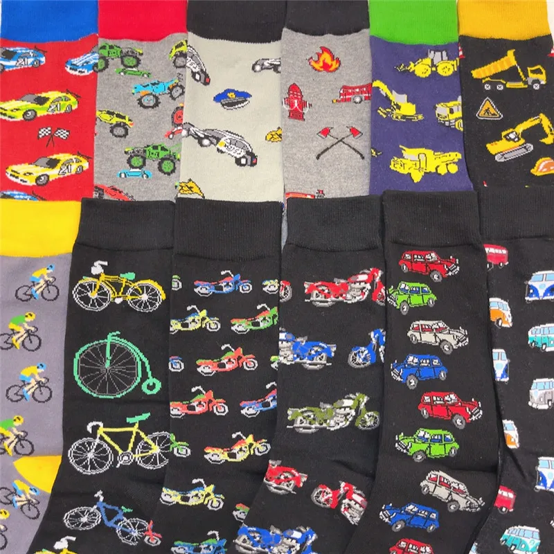 Adult Size Mid Calf Crew Socks 1Pair Racing Car Motorcycle Electric Excavator Bulldozer Bicycles Vehicle Cotton Happy Funny Sox cotton socks