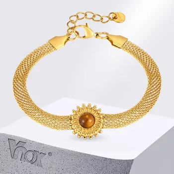 Vnox Stainless Steel Mesh Tennis Strap Chain Bracelet With Tiger's Eye Stone Sun Charms Jewelry For Women
