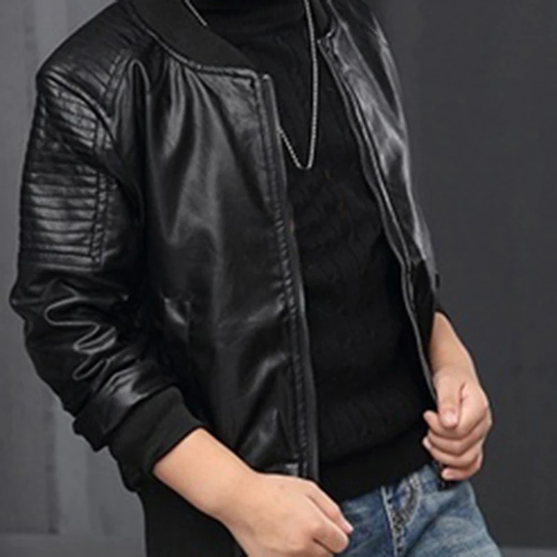 Boys Coats Autumn Winter Fashion Korean Children's Plus Velvet Warming Cotton PU Leather Jacket For 3-8Y Kids Jacket Outerwear - 4
