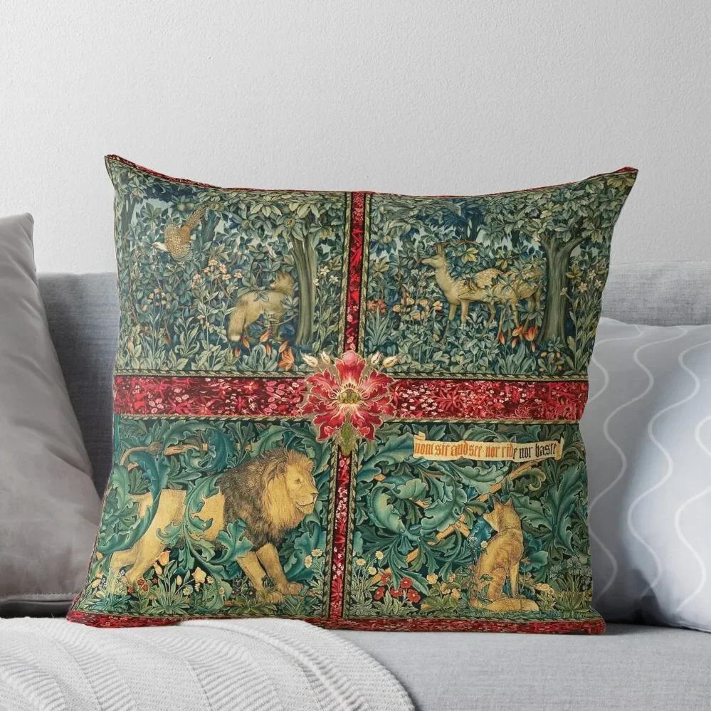 

GREENERY FOREST ANIMALS ,LION ,FOX,PHEASANT AND DOES Red Green Floral Tapestry Throw Pillow Pillow Decor