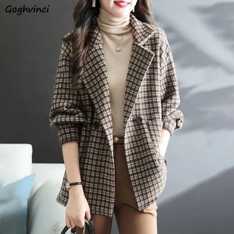 

Plaid Cropped Blends Vintage Fashion Office Ladies Autumn Winter Elegant Mature Turn-down Collar Outerwear Temperament All-match