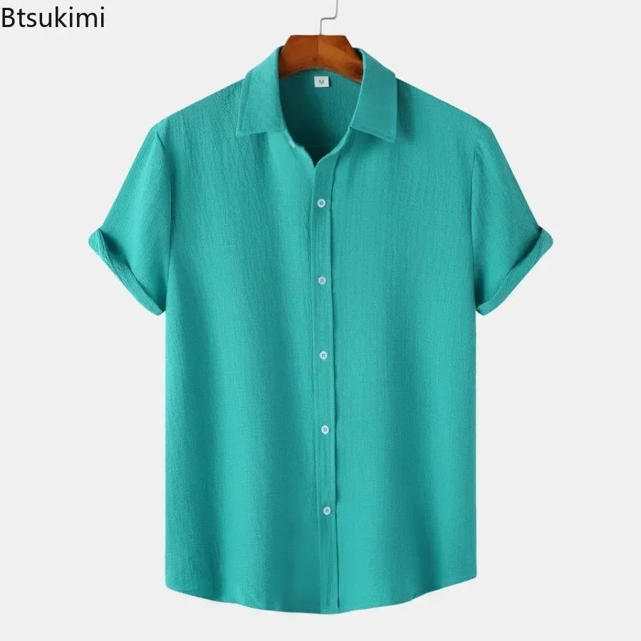Men's Solid Color Casual Shirts Summer New Men Short-sleeved Single Breasted Simple Blouse Tops Male Beach Holiday Camisas