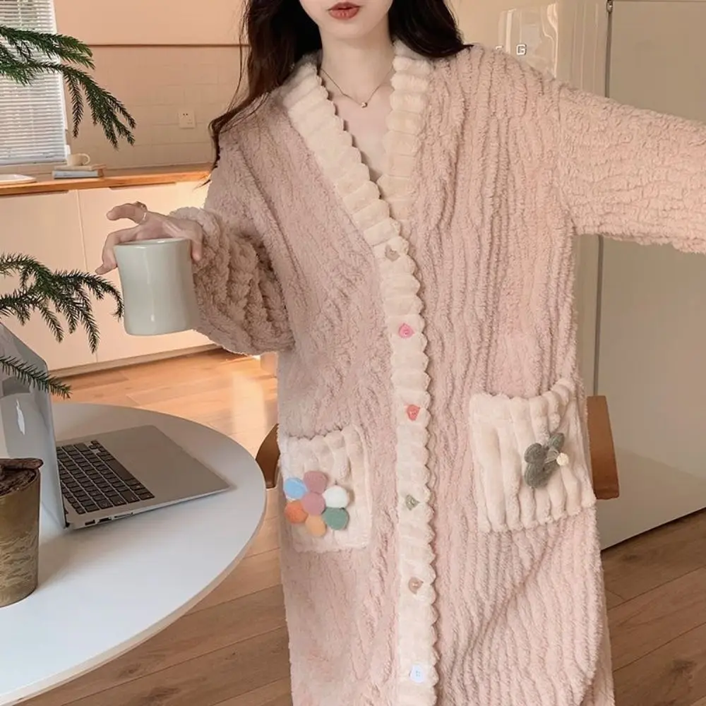 Sweet Thickened Women Sleepwear Nightwear Coral Fleece Warm Ladies Pajamas Homewear Soft Loungewear Cardigan Suit Autumn Winter