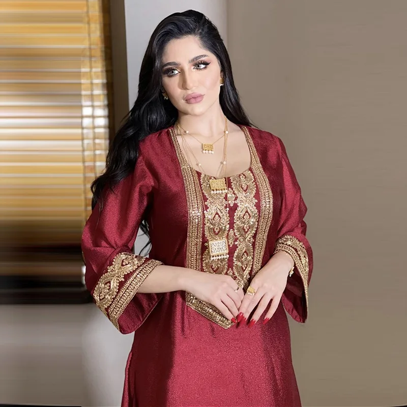 New Abaya Gold Silk Embroidered Sequins Middle East Muslim Robe Dress muslim dress women  kaftan  abaya dress