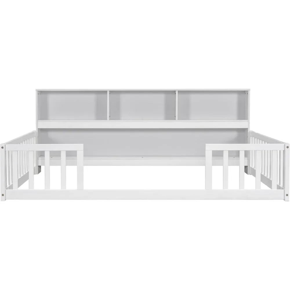 Full Montessori Floor Bed with Bedside Bookcase & Shelves, Full Size Floor Bed W/Safety Guardrails, No Box Spring Needed 3