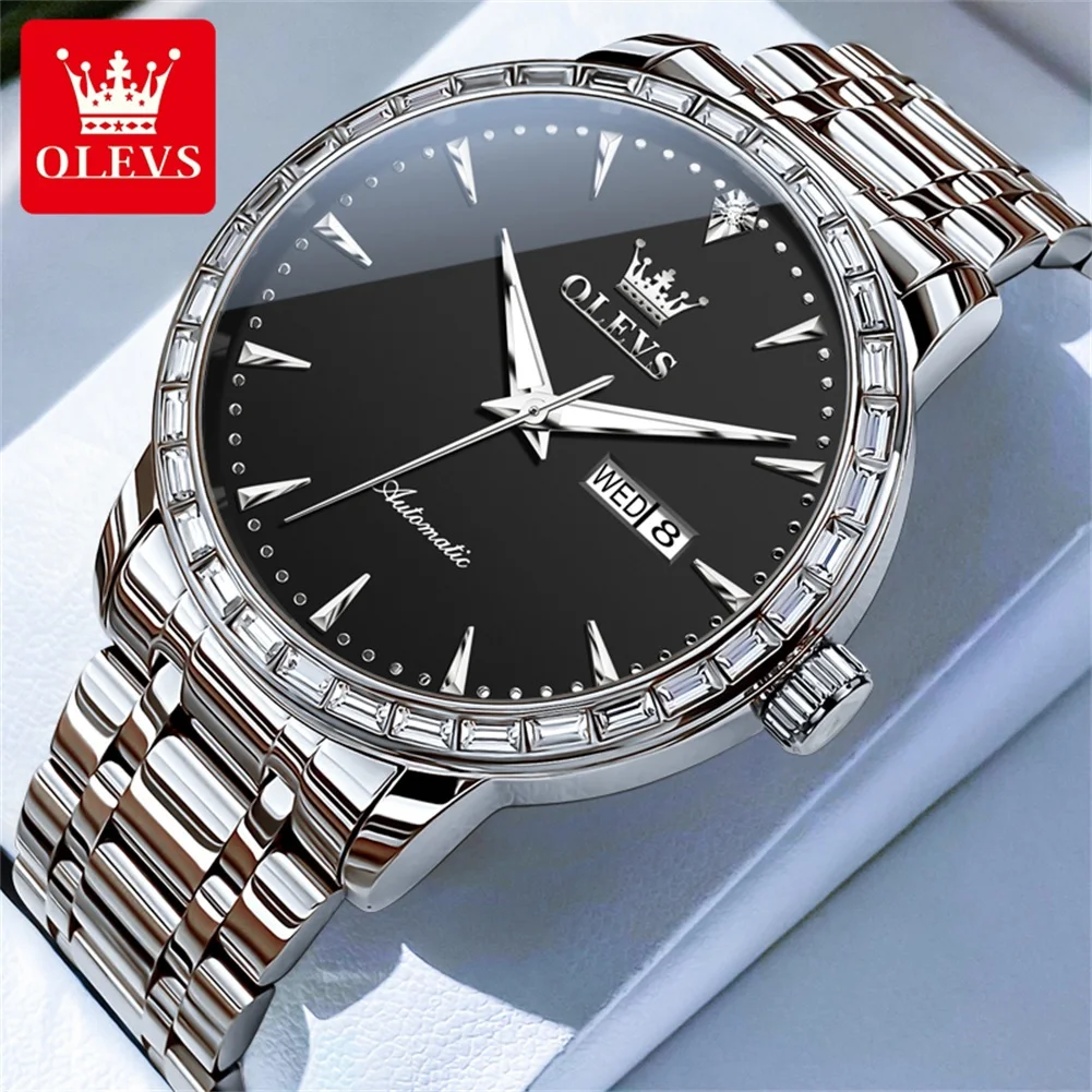 OLEVS Diamond Automatic Watch for Men Luxury Dual Calendar Top Brand Waterproof Luminous Business Dress Men's Watches Hand Watch