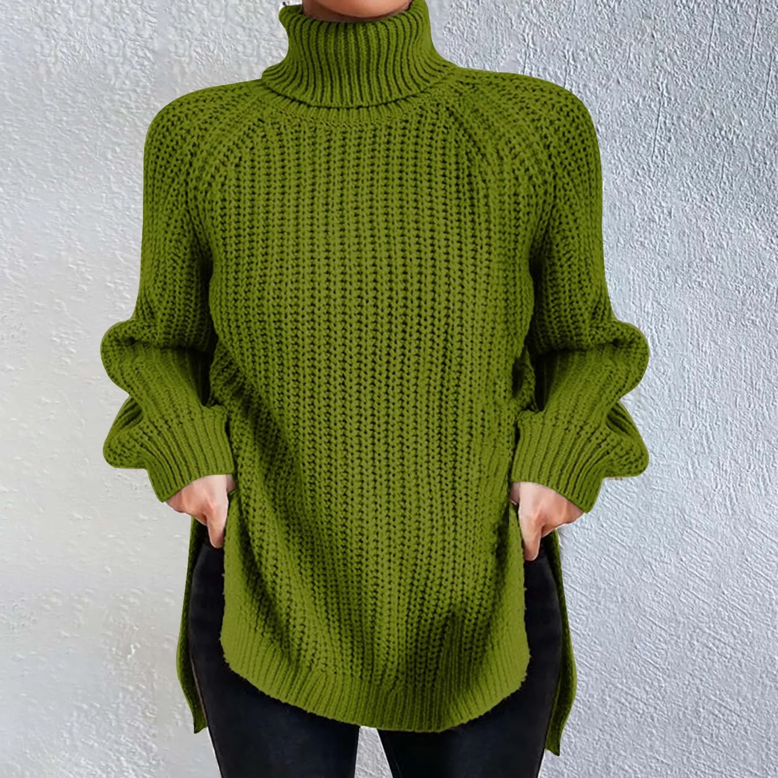 

Ladies Fashion High Neck Solid Color Pullover Knit Sweater With Split Hem And Bell Sleeves Pullover Sweater Loose For Women