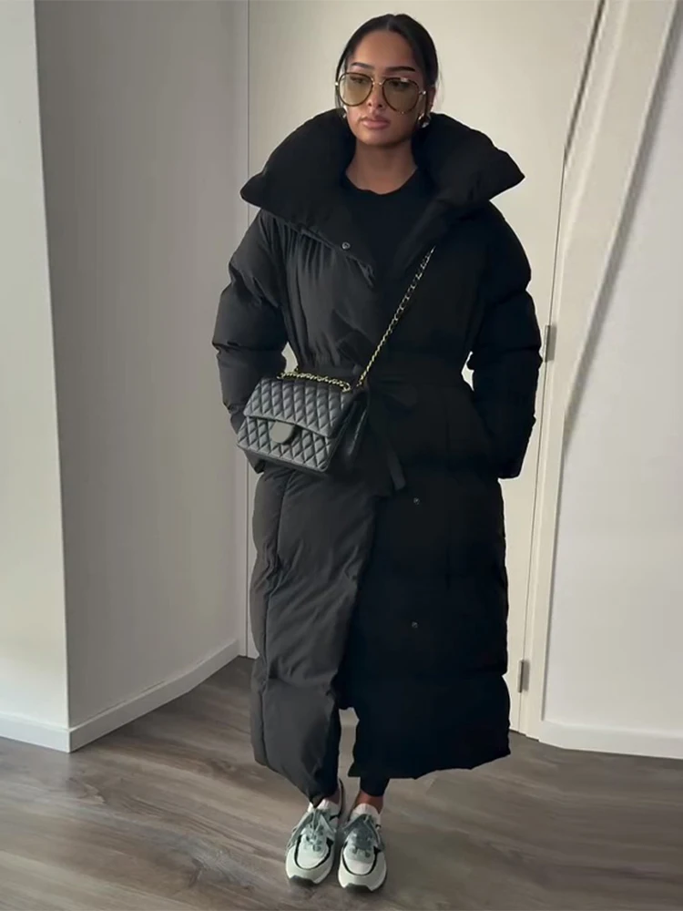 Vestes longues rembourrées à lacets pour femmes, décontractées, amples, manches longues, col montant, poche, Maxi manteau, nouvelle collection hiver 2025, vêtements d'extérieur solides pour dames