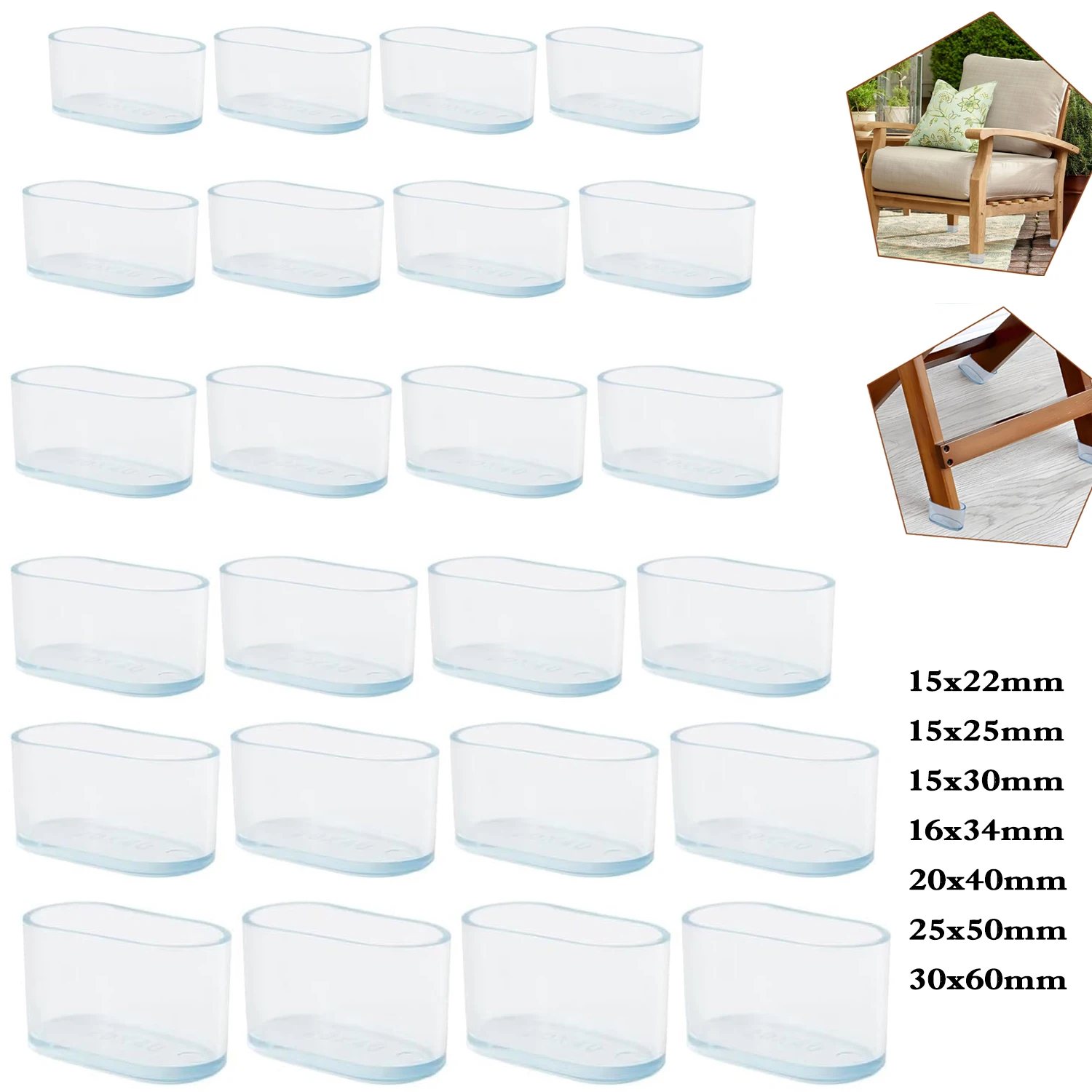 Non-Slip Oval Chair Leg Caps - Floor Protectors for Furniture, Scratch Proof Guards (4 Pack, Black/Clear)