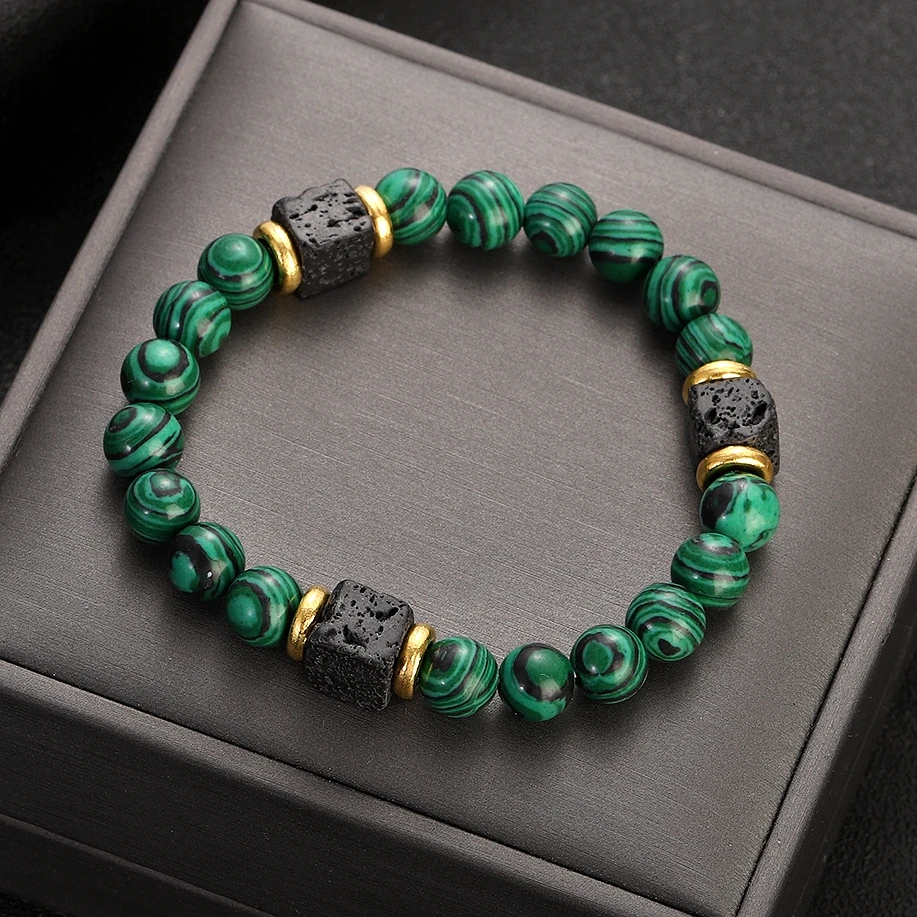COAI Bracelets Couple Pierre De Lave & Malachite – Duo Harmonie 8mm, Coffret Cadeau Saint-Valentin Anniversaire