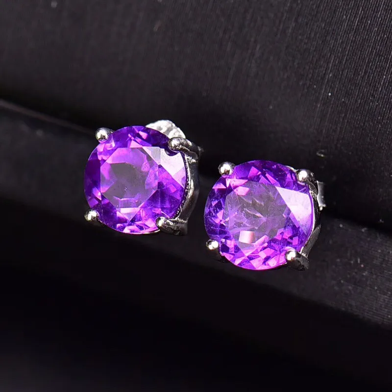 

1 Pair Fengbaowu Natural Amethyst Earring Ear Stud Round Oval Faceted 925 Sterling Silver Reiki Healing Stone Jewelry Gift