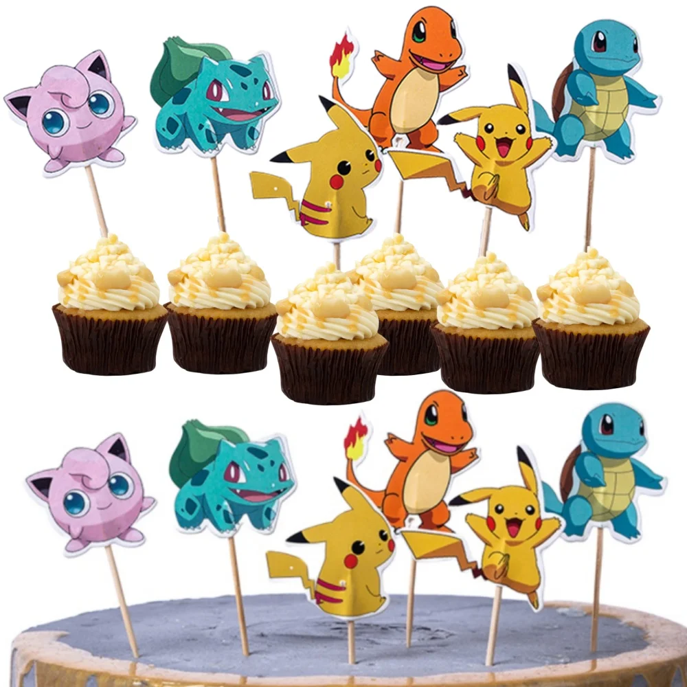 24pcs Pokemon Cupcake Toppers Anime Pikachu Party Cake Flags Cartoon Baby Shower Kids Boys Birthday Party Cake Decorations Gifts