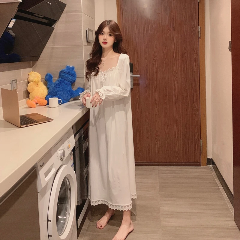 Spring Summer Pajamas for Women Fashion White Lace Long Sleep Dress Girl Cute Sleepwear