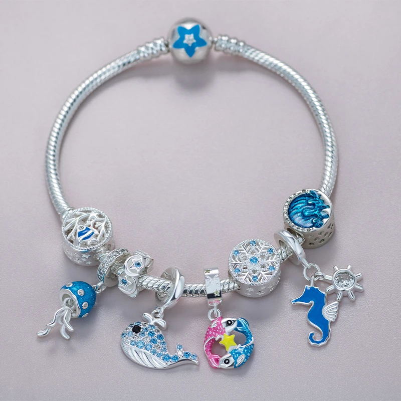 

Pan style S925 Sterling Silver Marine Series DIY beaded jellyfish pendant seahorse whale wave pendant accessories