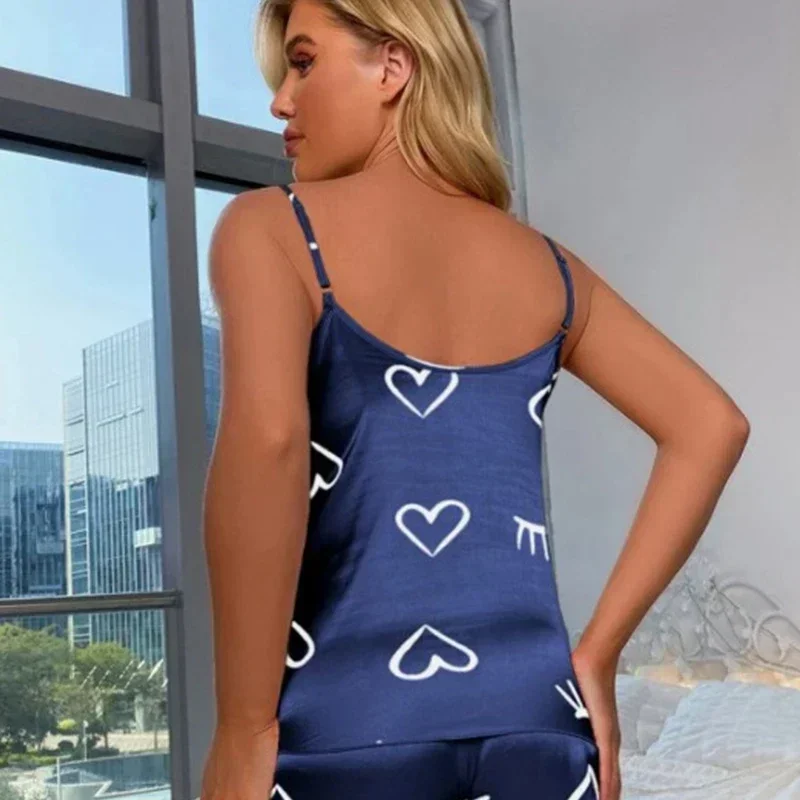 Women Ice Silk Digital Printing Pajama Sleepwear Pajama Set Camisole Shorts L XL XXL Gray Pink Low Cut Comfortable Casual Summer
