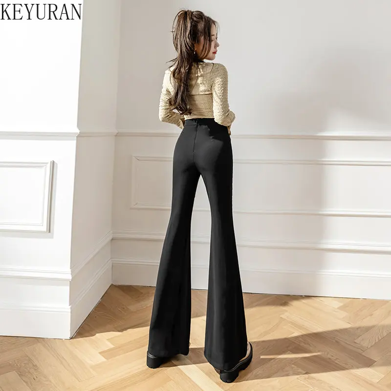 Baggy Micro Flare Pants for Women Solid Trendy Black Casual High