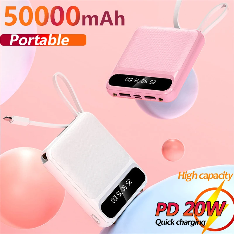 powerbanks Mini 50000mAh Power Bank with Digital Display Portable Charge Powerbank Built In Cables External Battery Fast Charger For iPhone power bank charger