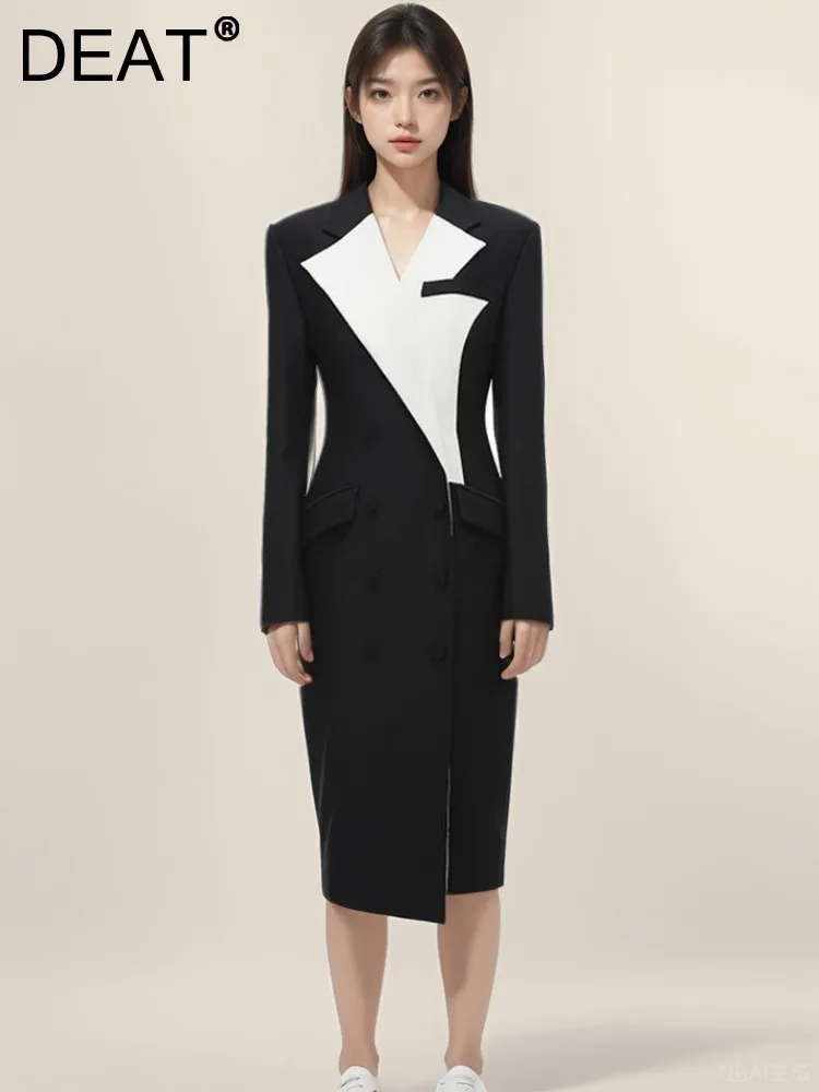 

Женский двубортный Тренч с отложным воротником DEAT, элегантная ветровка контрастных цветов с длинным рукавом, осень 2024, CPDB129