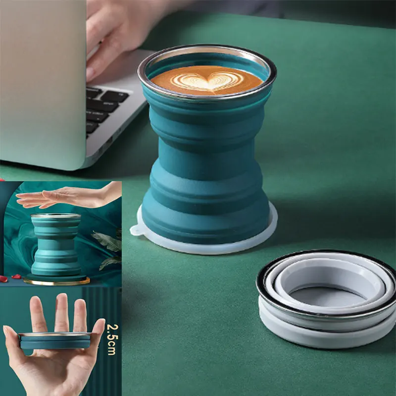 320ml Portable Silicone Folding Water Cup Outdoor Heat Resistant Telescopic Collapsible Foldable Mug With Lid For Travel Camping