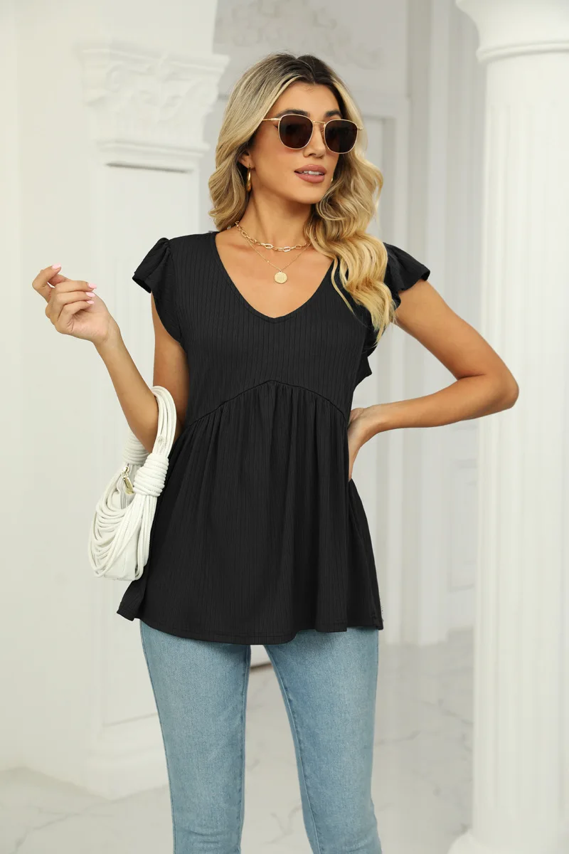 Summer Cute Babydoll Bloues Flare Tunic Loose Peplum Pleated V Neck Short Sleeve Plain Woman Tshirts Knit Rib T Shirt Tees Top