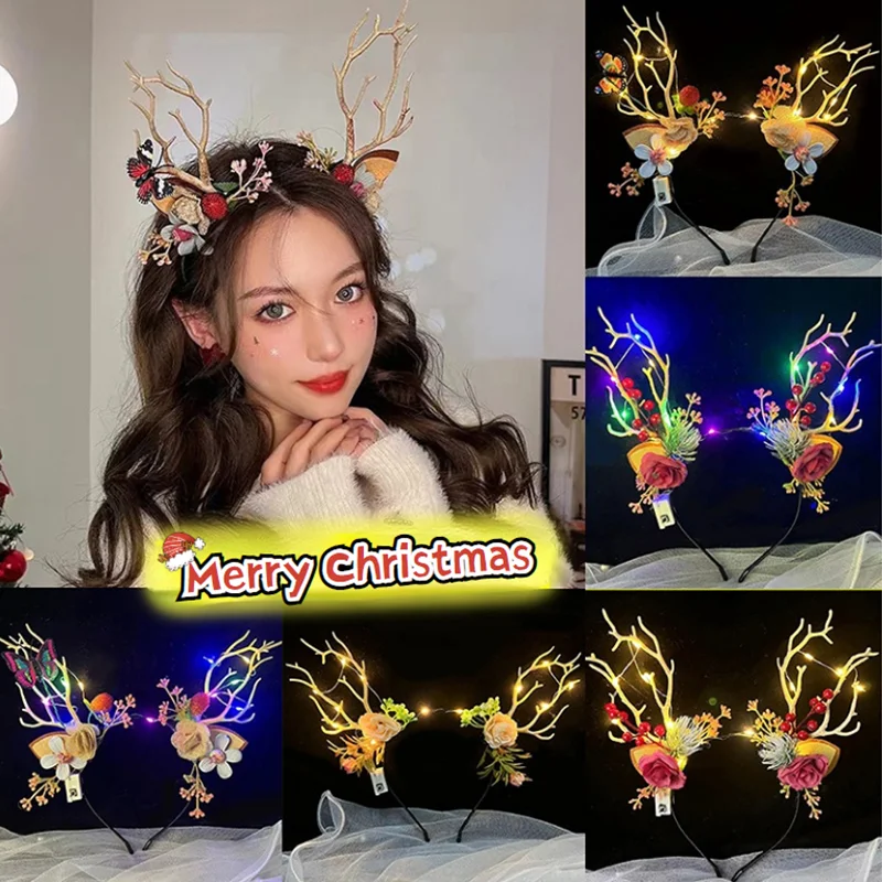 Hair Accessories Hair Headband Deer Ears Headgear LED Light Deer Antlers Christmas Headbands Floral Pinecone Christmas Decoration Novelty Glowing Hair Accessories for Girls