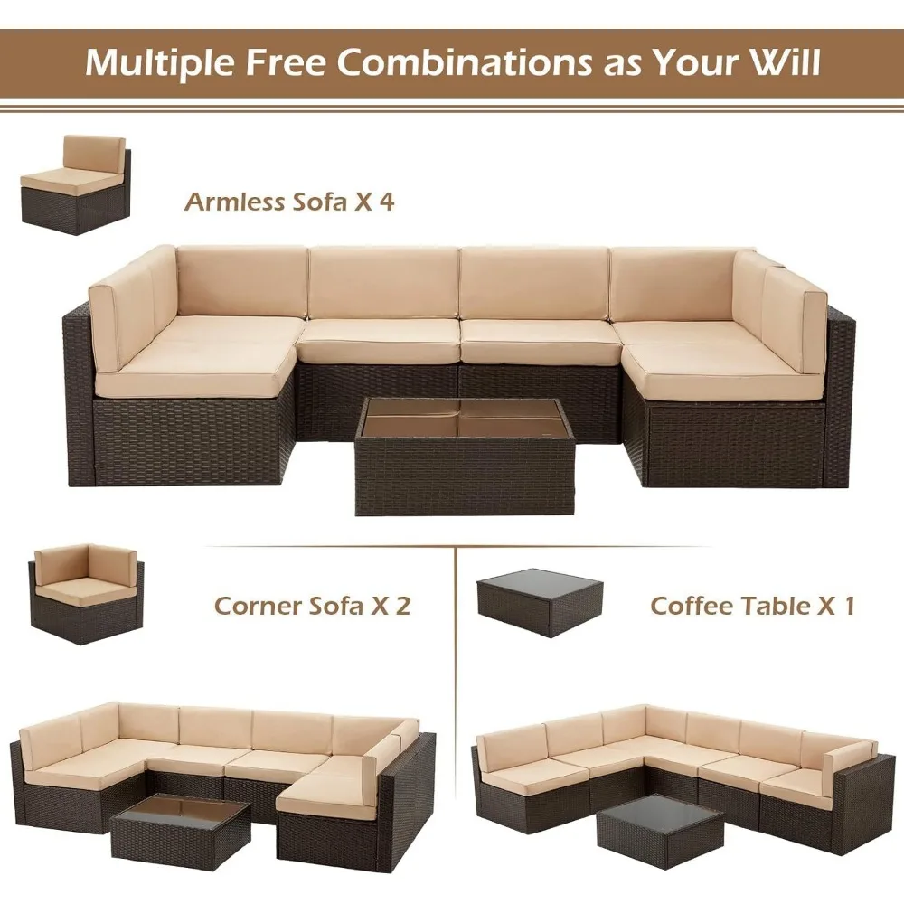 7 Piece Outdoor Patio Furniture Set, PE Rattan Wicker Sofa Set, Outdoor Sectional Furniture Chair Set with Cushions , Brown 4