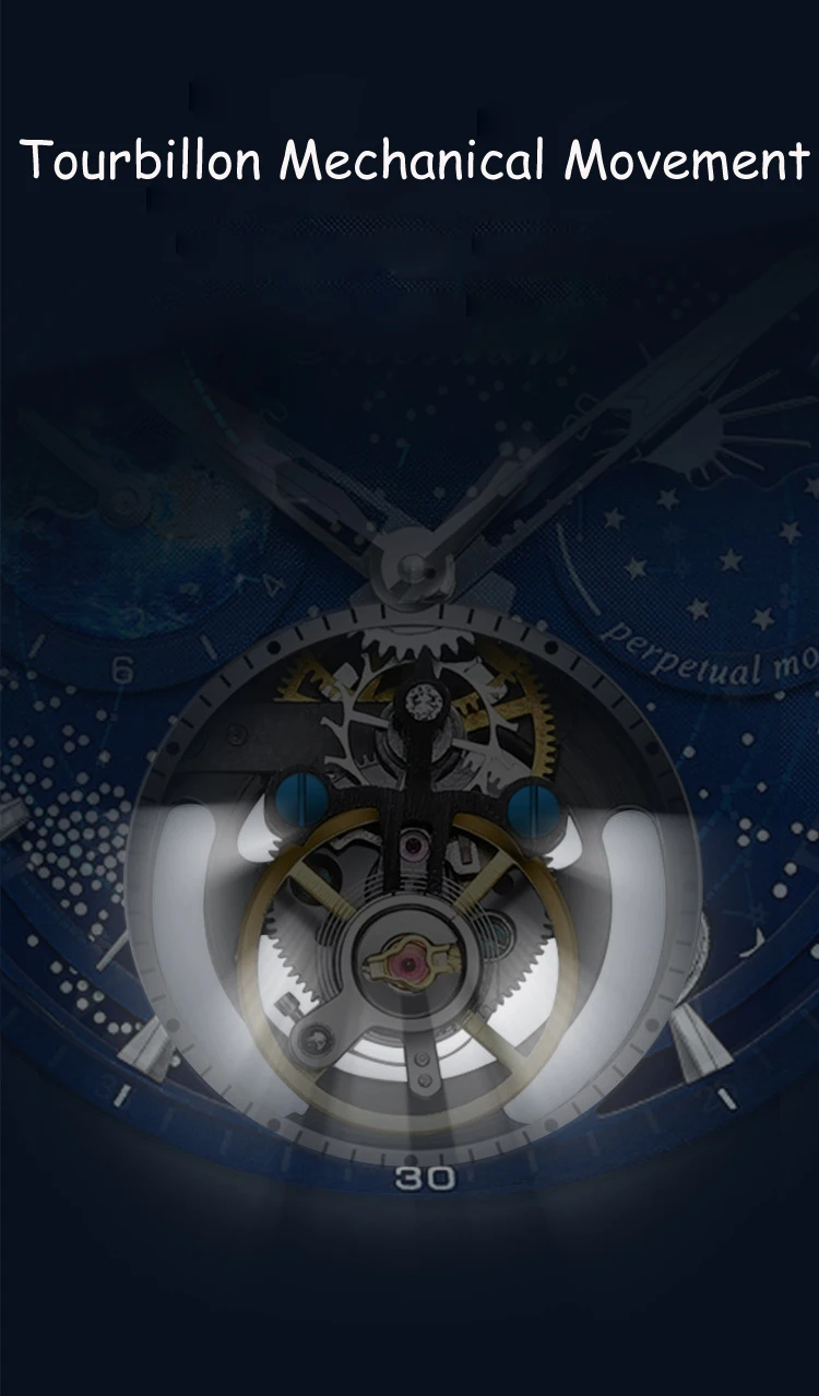 AILANG Fashion Blue Starry Sky Mechanische Uhr für Herren, luxuriöses Lederarmband, wasserdicht, leuchtend, automatische Tourbillon-Uhren_voghion.com