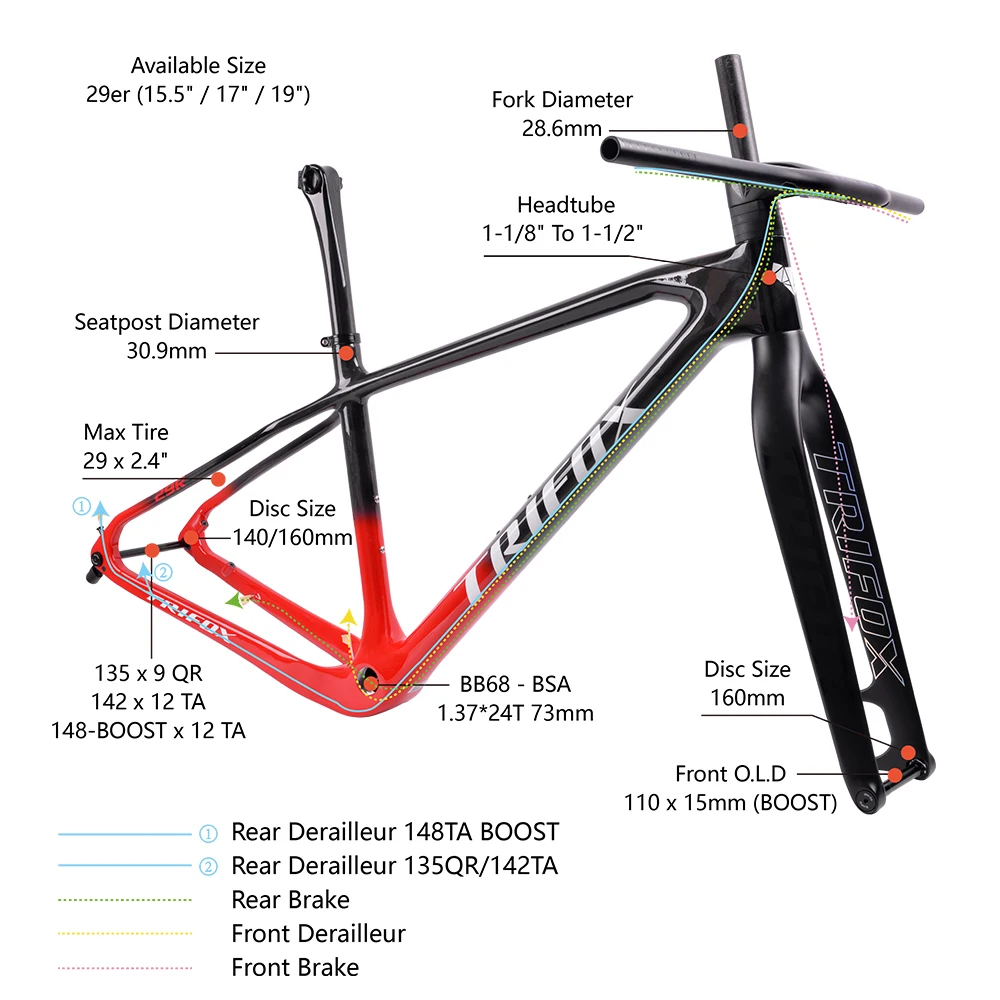 TRIFOX T800 카본 MTB 프레임셋 ? 29er, 부스트 148mm, 전체 내부 케이블 라우팅, 매칭 카본 포크 포함