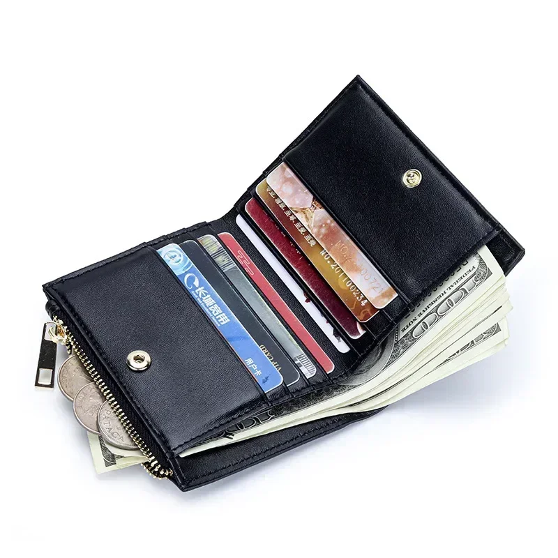 Women Genuine Sheepskin Leather Purse Handbag With Zipper Coin for Female Fashion Short Wallet Money Clip Knitting