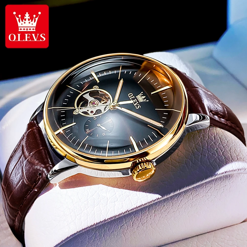 OLEVS Brand Fashion Tourbillon Mechanical Watch for Men Sport Leather Strap Waterproof Hollow Watches Men Relogio Masculino
