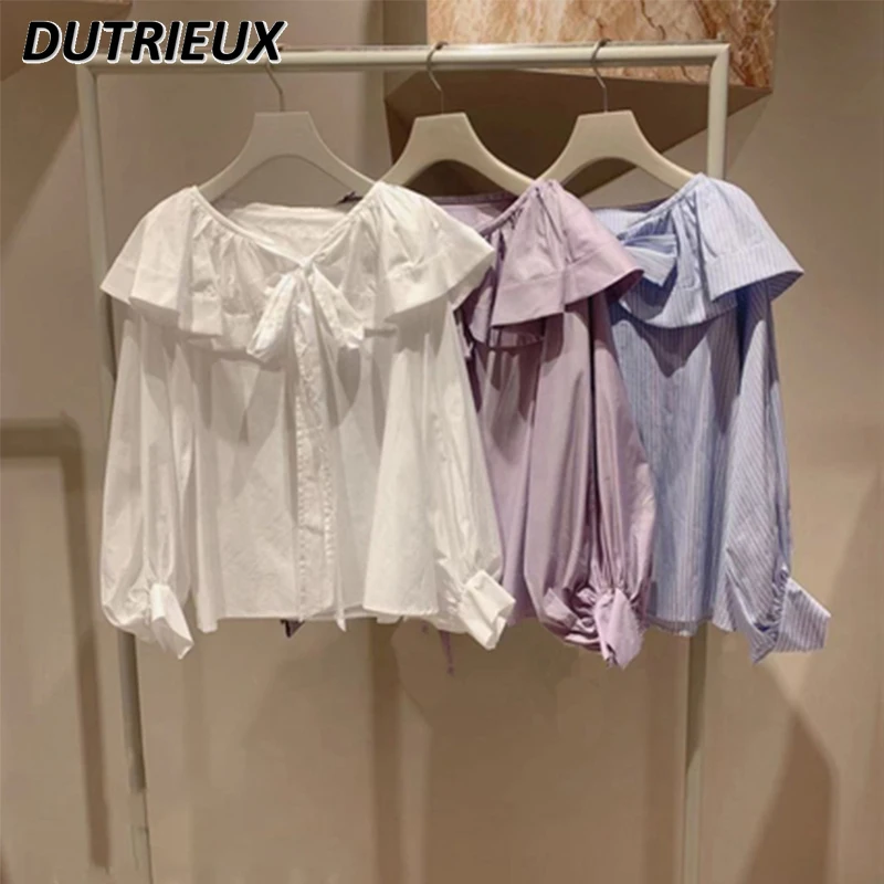 Spring/Summer New Sweet V-Neck Shirt Bow Simple Ruffle Edge Long Sleeve Blouse Fashion Japanese Style Cotton Top for Women