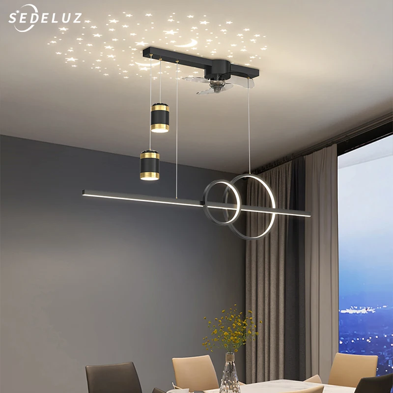 

Modern ceiling fan Led projection chandelier is suitable for restaurants.