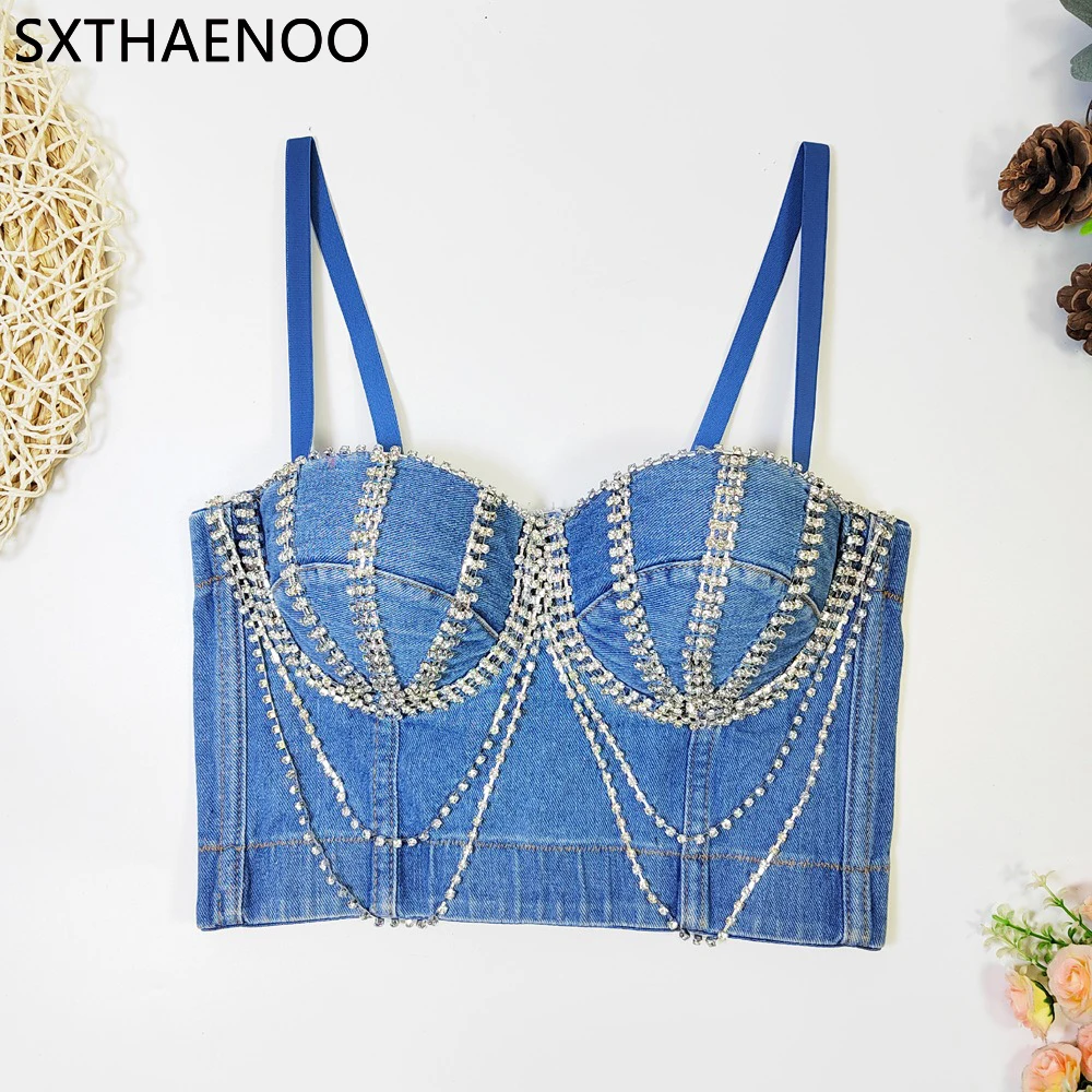 

SXTHAENOO 2024 New Blue Denim Chain Tassels Femme Corset Crop Top Woman Tank Tops Y2K Ropa De Mujer Cropped Camisas топ женский